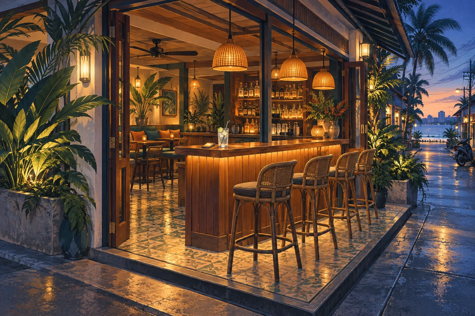 An illustrated open-front bar at dusk, with warm lights, a phone and a soft drink on the counter.